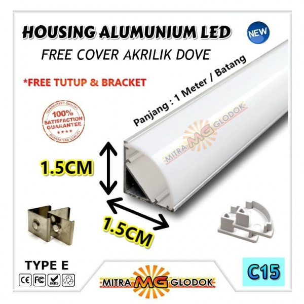 Housing Alumunium Aluminium LED Strip / Rigid / Bar | Type E - Cover Dove - 1 Meter | Sudut 90 Derajat
